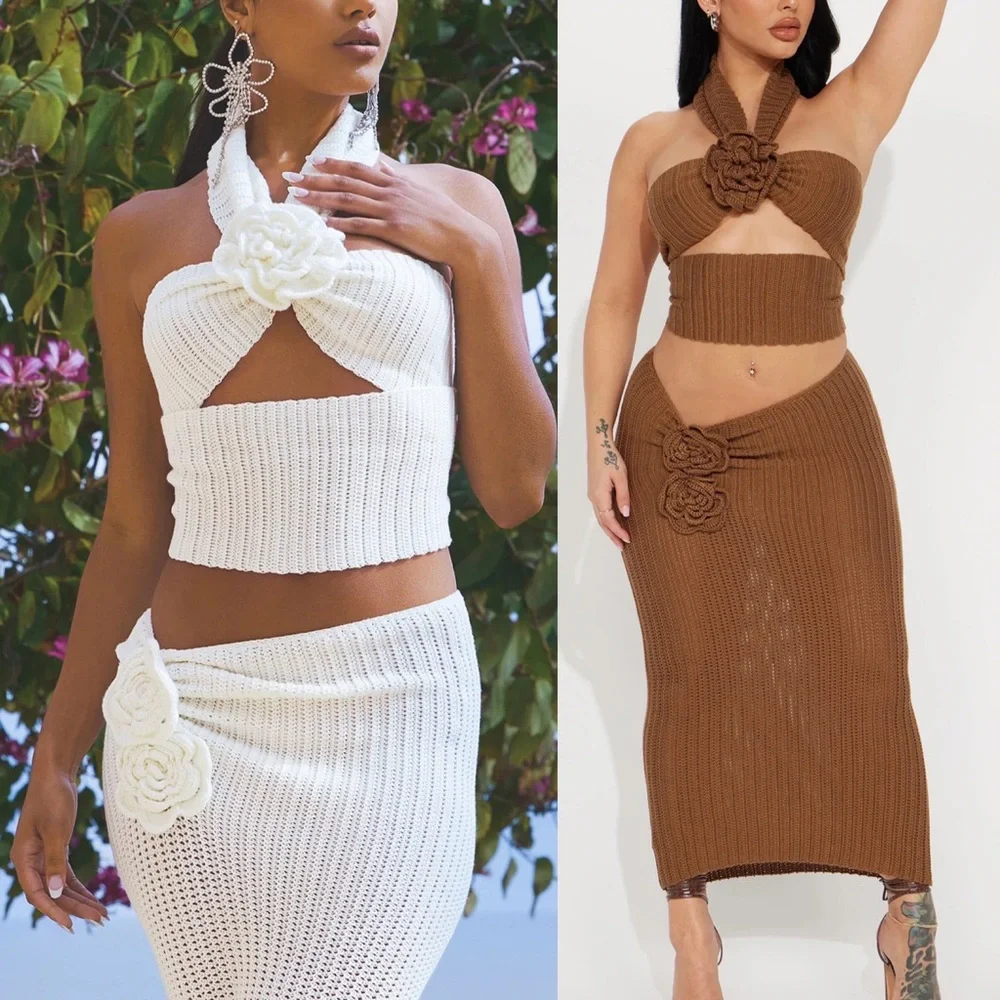 Brown knit / crochet flower appliqués detail matching 2 piece beach set - Picture 1 of 4